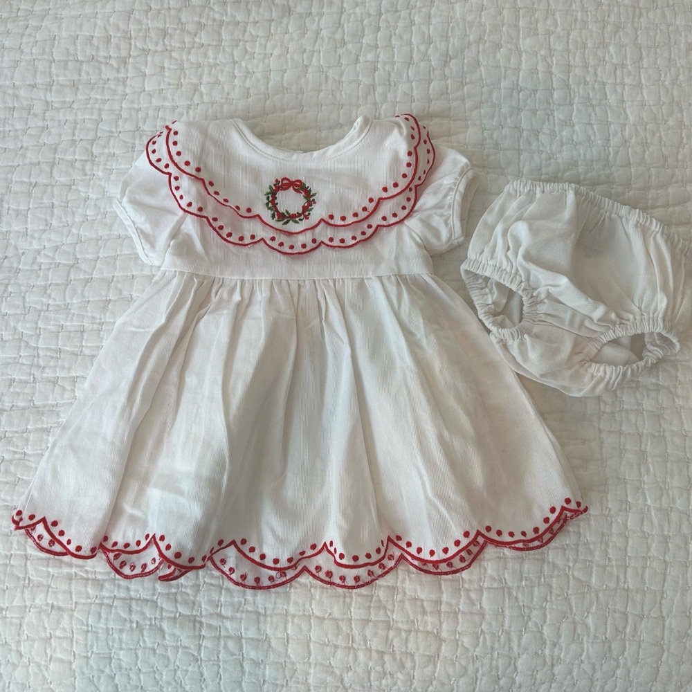 Classic White & Red Trim Baby Dress with Blooming Wreath Embroidery